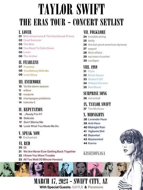 Eras tour list - Taylor Swift will be performing shows across the UK on her 'The Eras Tour' taking place in June & August 2024 ⭐. More information about the tour can be found in the below FAQs. Are the UK shows ‘lead booker’ events? There has been a change to the terms and conditions of sale for tickets purchased for Taylor Swift’s UK shows to remove ...